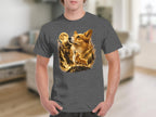 T-shirt with a graphic of two corgis under a full moon with a forest and waterfall.