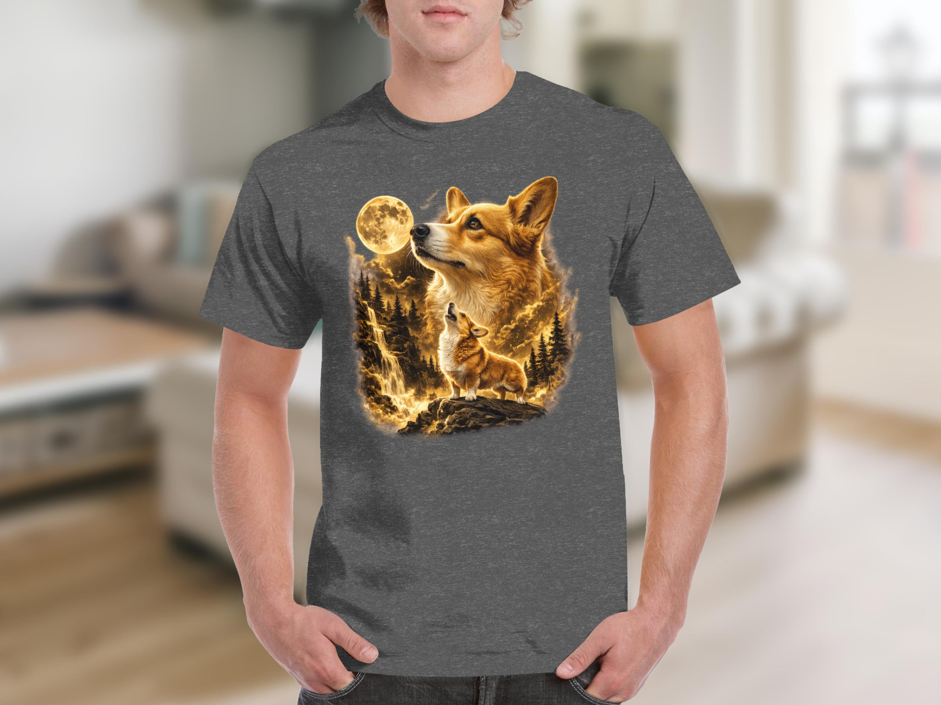 T-shirt with a graphic of two corgis under a full moon with a forest and waterfall.