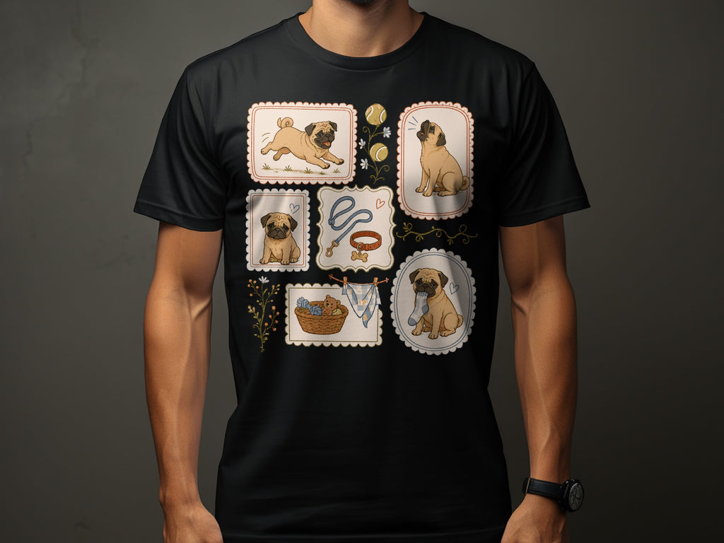 T-shirt featuring a collage of six illustrated pug dog scenes.
