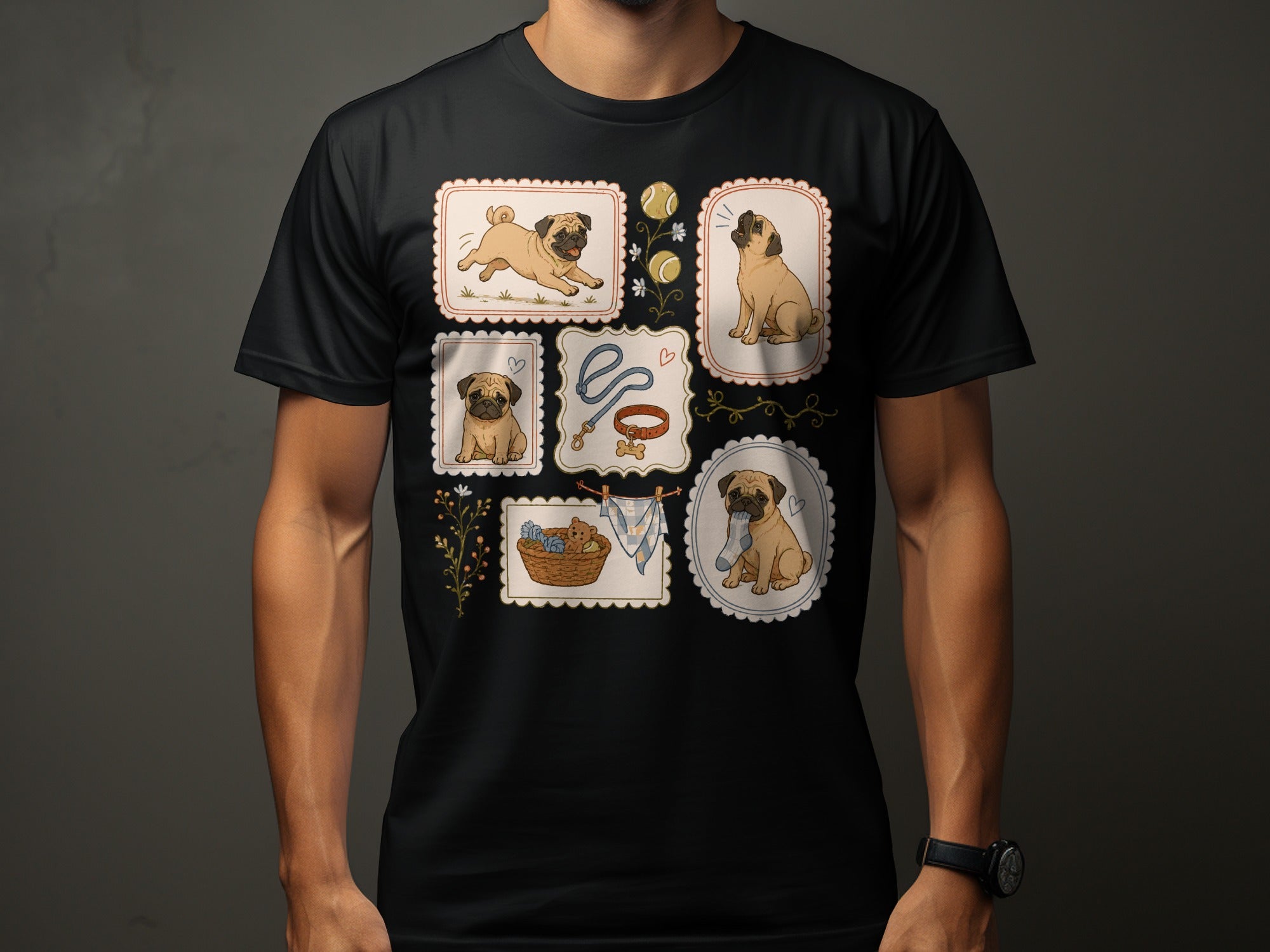 T-shirt featuring a collage of six illustrated pug dog scenes.