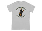 Grey t-shirt with a cartoon dog saying "Personally Invested In Your Business".