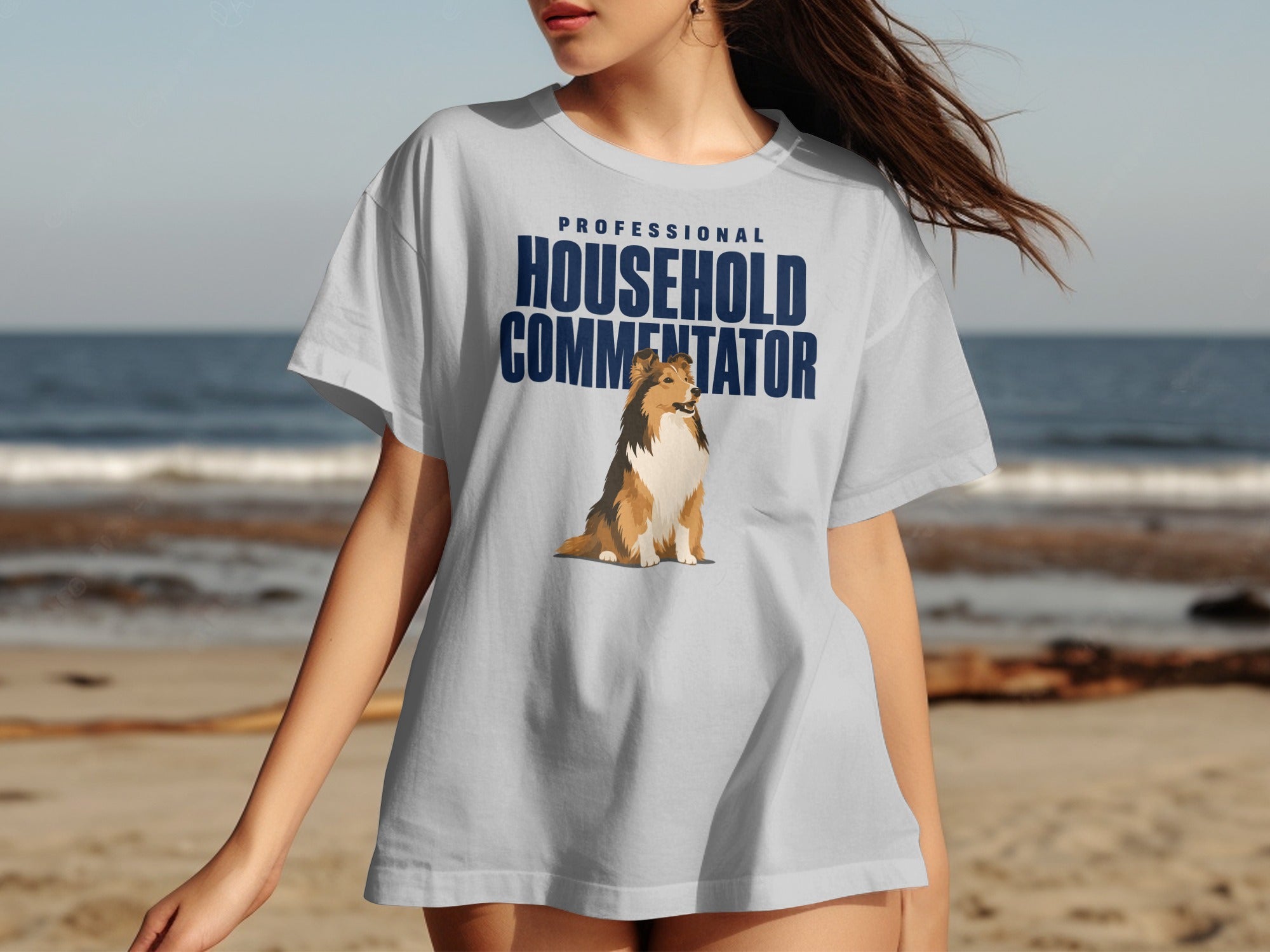 Light gray t-shirt with "Professional Household Commentator" text and a Collie dog.