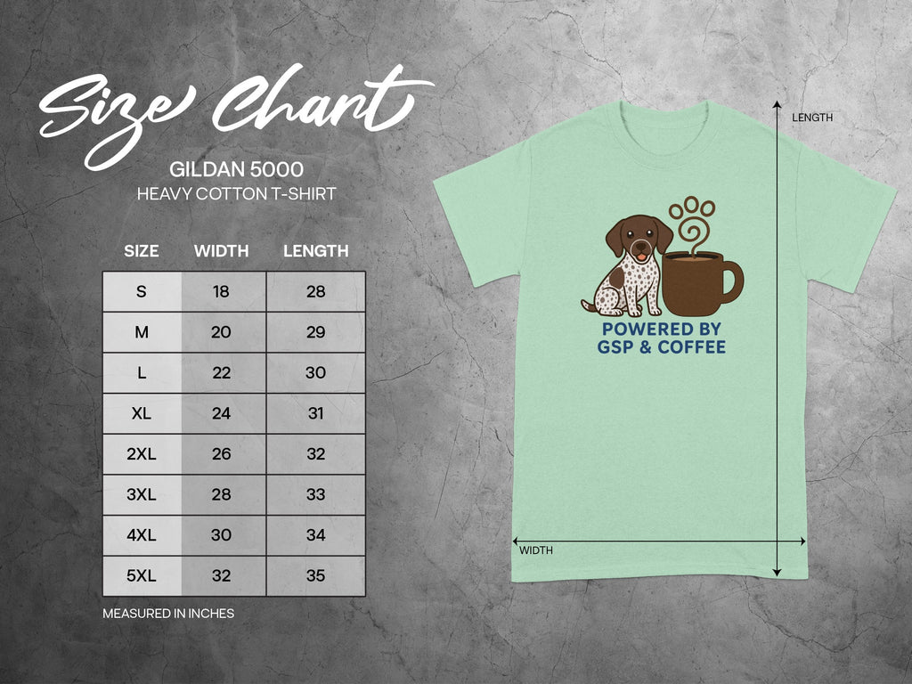Gildan 5000 size chart for t-shirts, with t-shirt graphic.