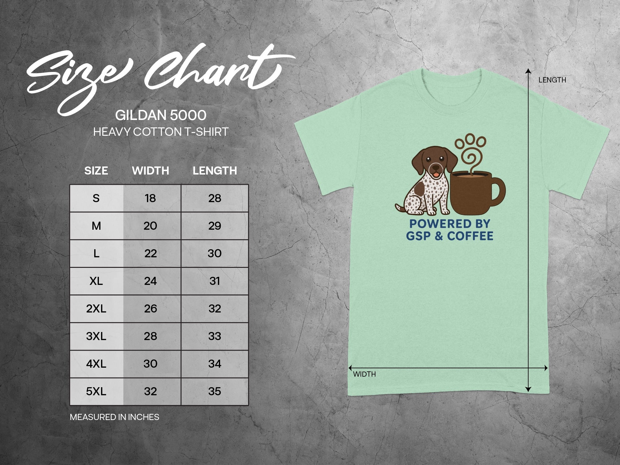Gildan 5000 size chart for t-shirts, with t-shirt graphic.