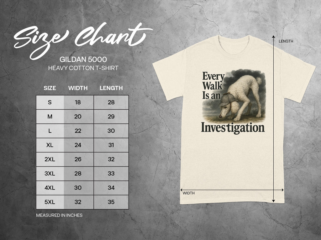 Gildan 5000 size chart with measurements and t-shirt featuring text and dog graphic.