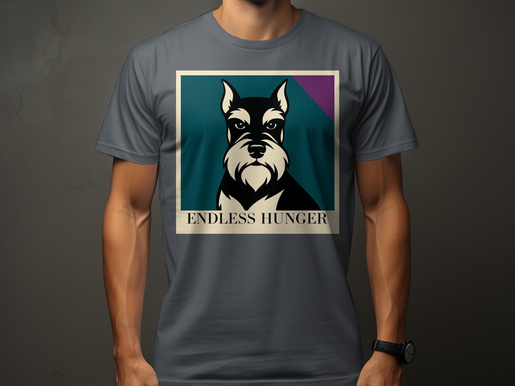 Grey t-shirt with a framed illustration of a schnauzer and the text "ENDLESS HUNGER."