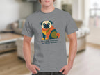 Grey t-shirt with a colorful abstract pug illustration and text "feral little creature, perfectly formed".