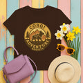 Outdoorsy Corgi Adventure Society T-Shirt in Dark Chocolate