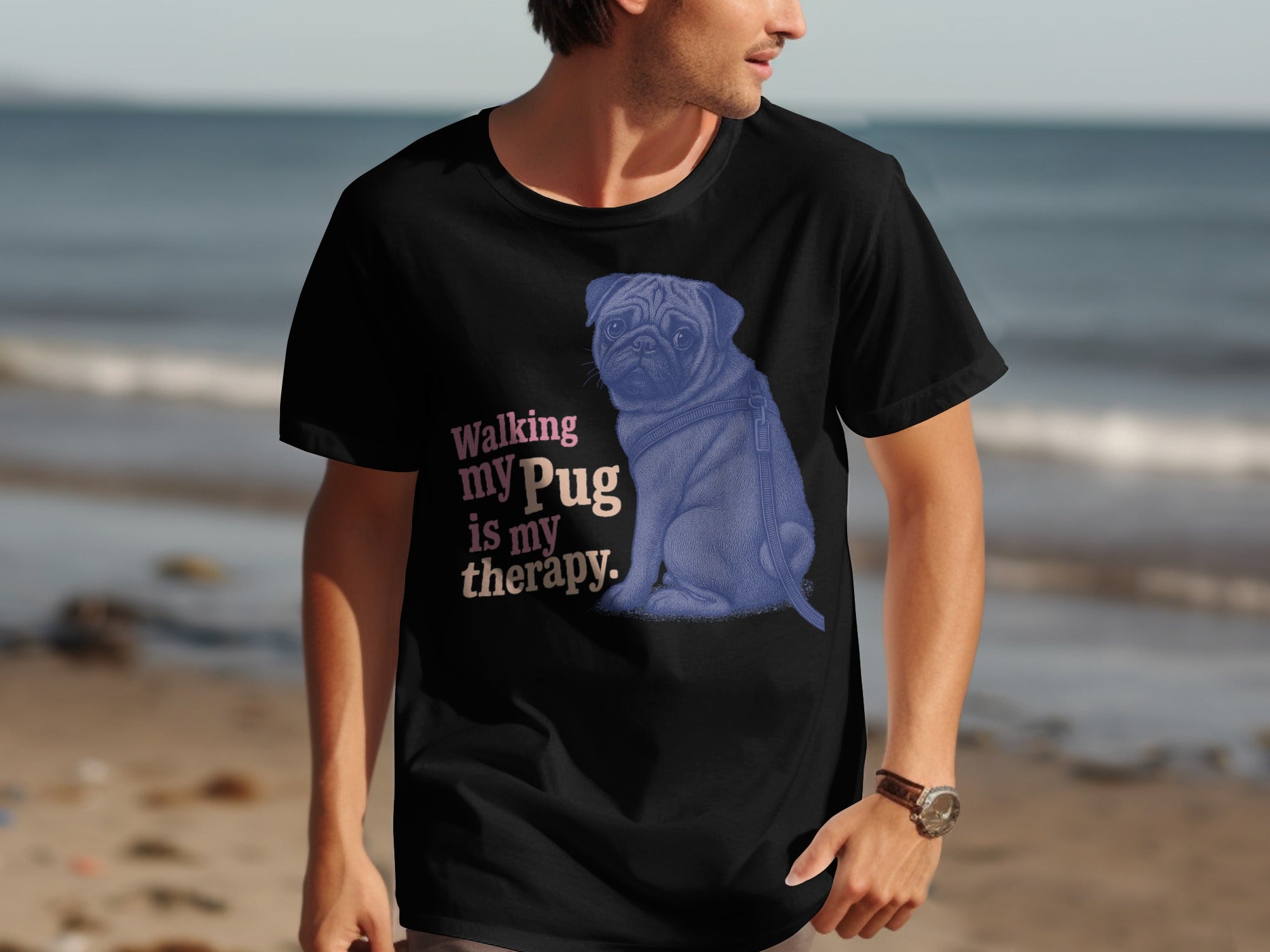 Black t-shirt with blue pug illustration and text.