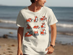 Cream t-shirt with nine cartoon corgis in various playful poses.