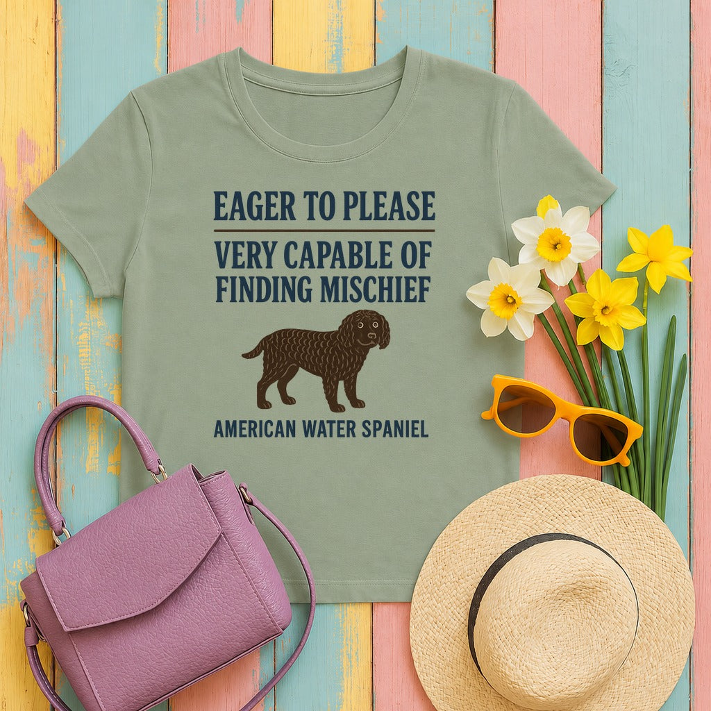American Water Spaniel Eager To Please And Finding Mischief Tee in Sage