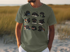 T-shirt with a grid of nine illustrations of black puppies with books.