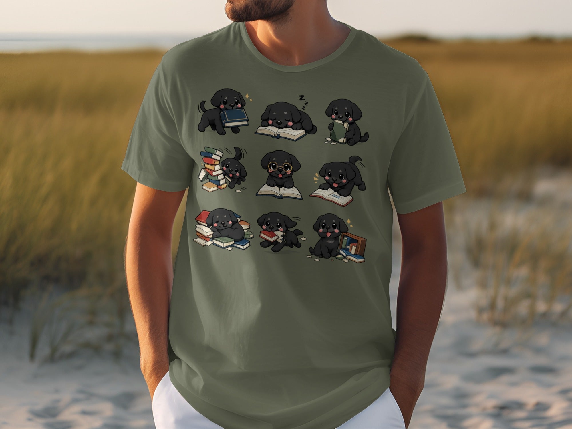 T-shirt with a grid of nine illustrations of black puppies with books.