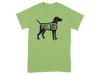 Green t-shirt with a black outline of a pointer dog with the word "POINTER" inside.