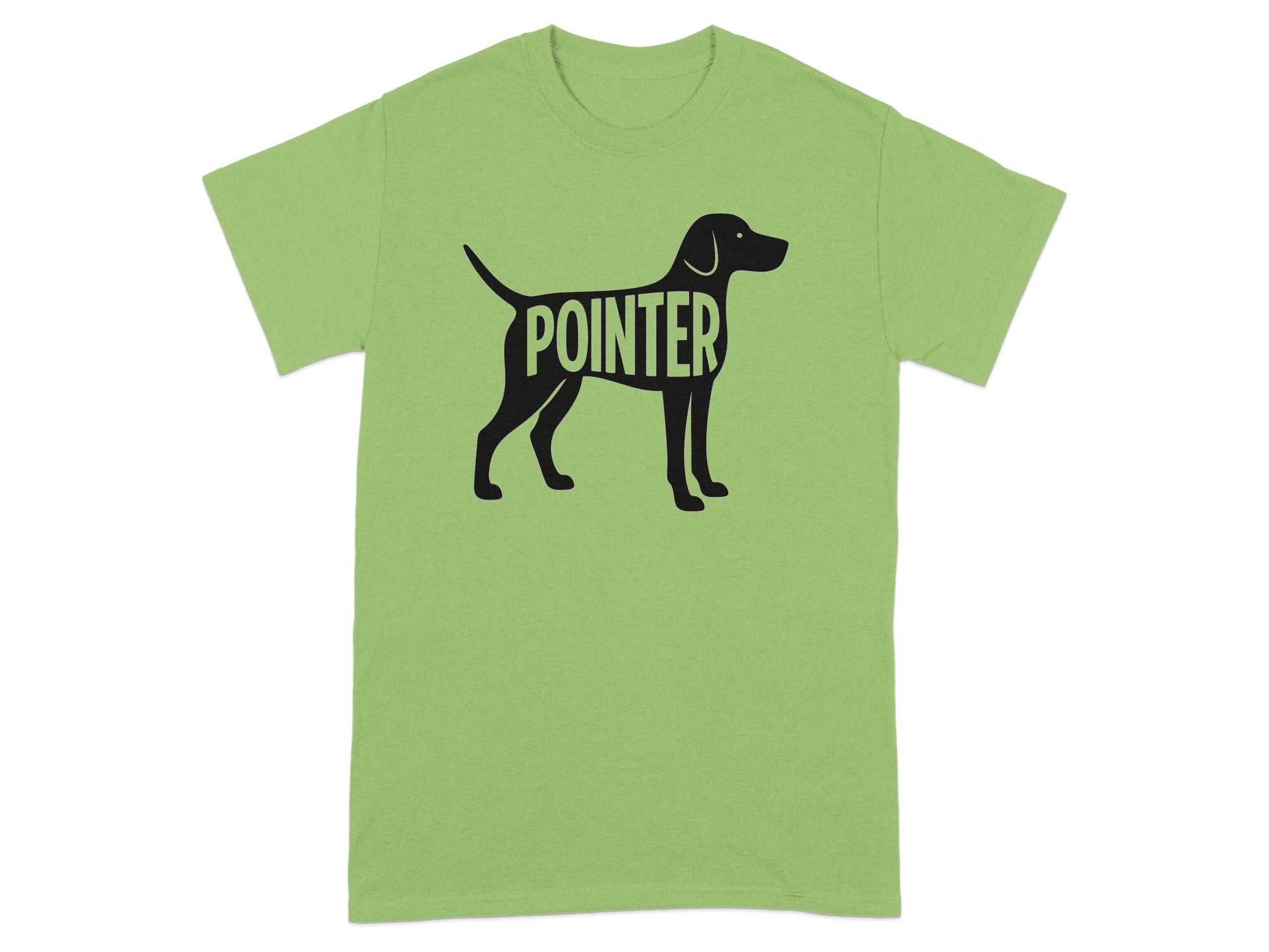 Green t-shirt with a black outline of a pointer dog with the word "POINTER" inside.