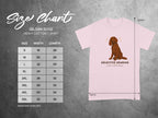 Gildan 5000 t-shirt size chart with dog graphic and "Selective Hearing" text.