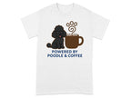 Black poodle and coffee mug with paw print steam, text reads "Powered by Poodle & Coffee".