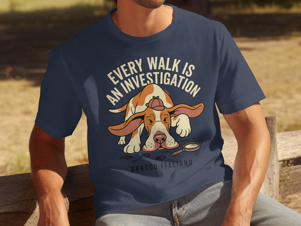Navy t-shirt with dog graphic and "Every Walk is An Investigation" text.
