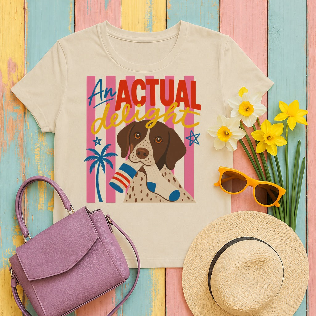 migbackfill the-actual-delight-german-shorthaired-pointer-t- tee flat lay hero v8