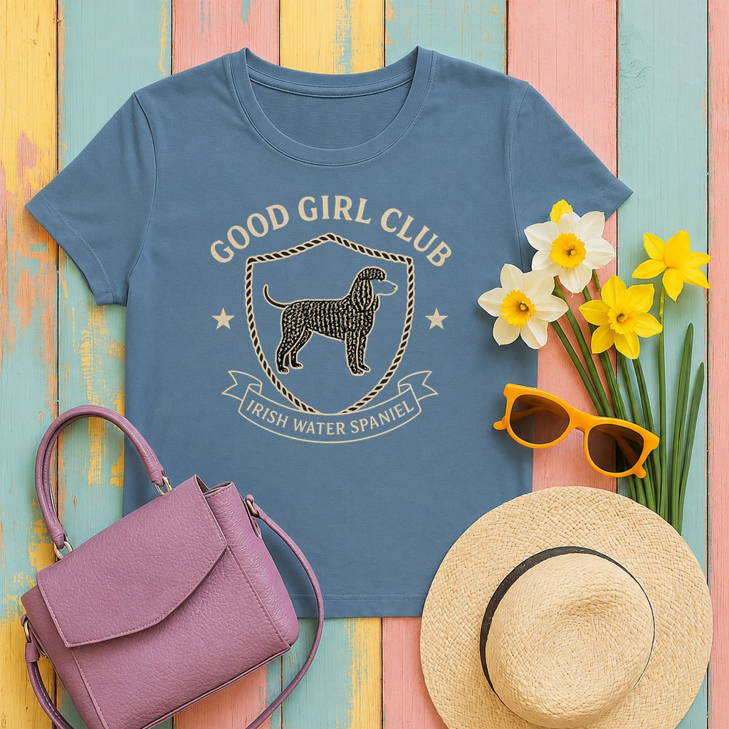 Irish Water Spaniel Good Girl Club Tee in Steel Blue