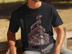 Black t-shirt with a vintage dachshund illustration on ornate architectural elements.