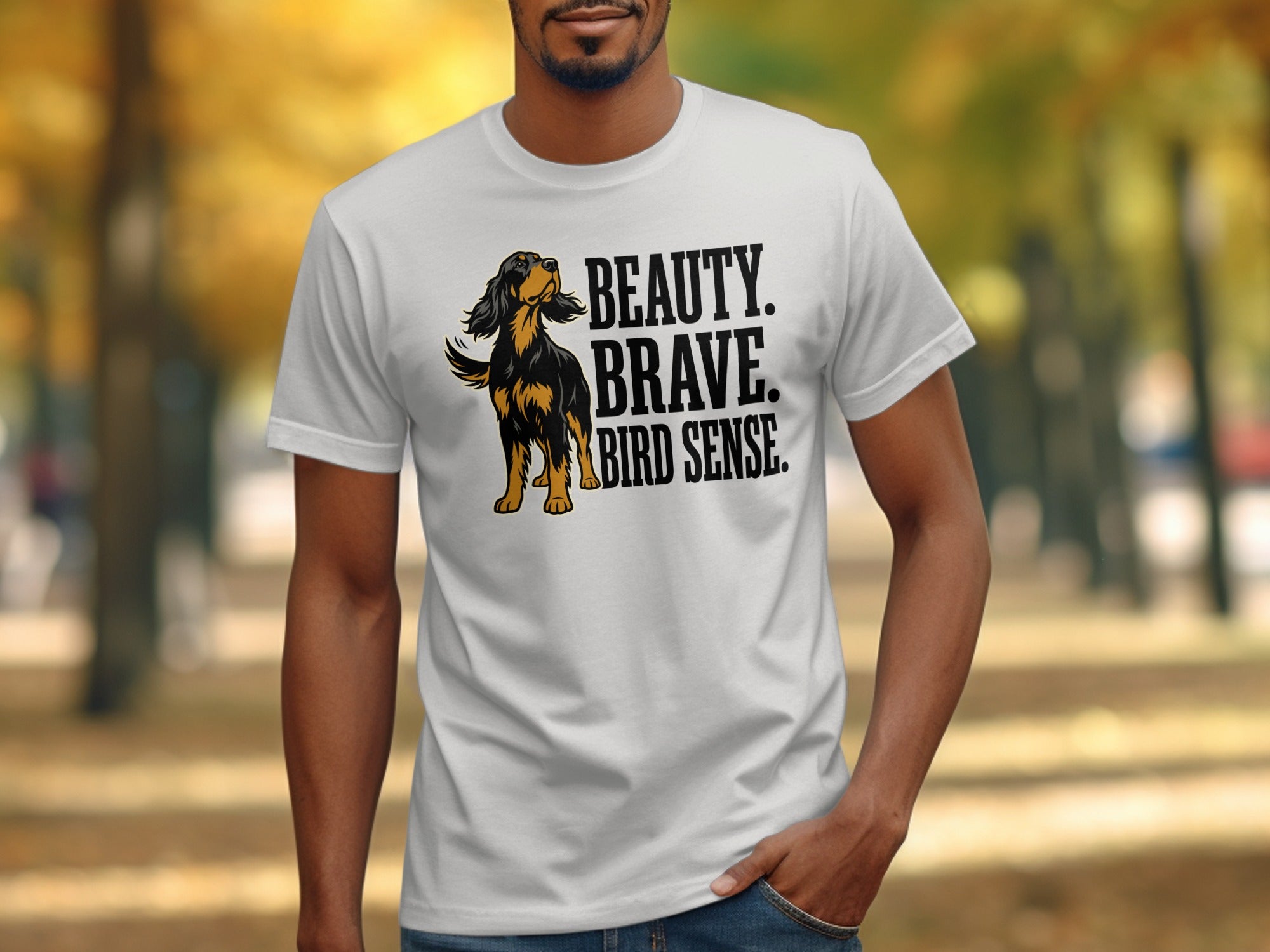 White t-shirt with "BEAUTY. BRAVE. BIRD SENSE." text and dog illustration.