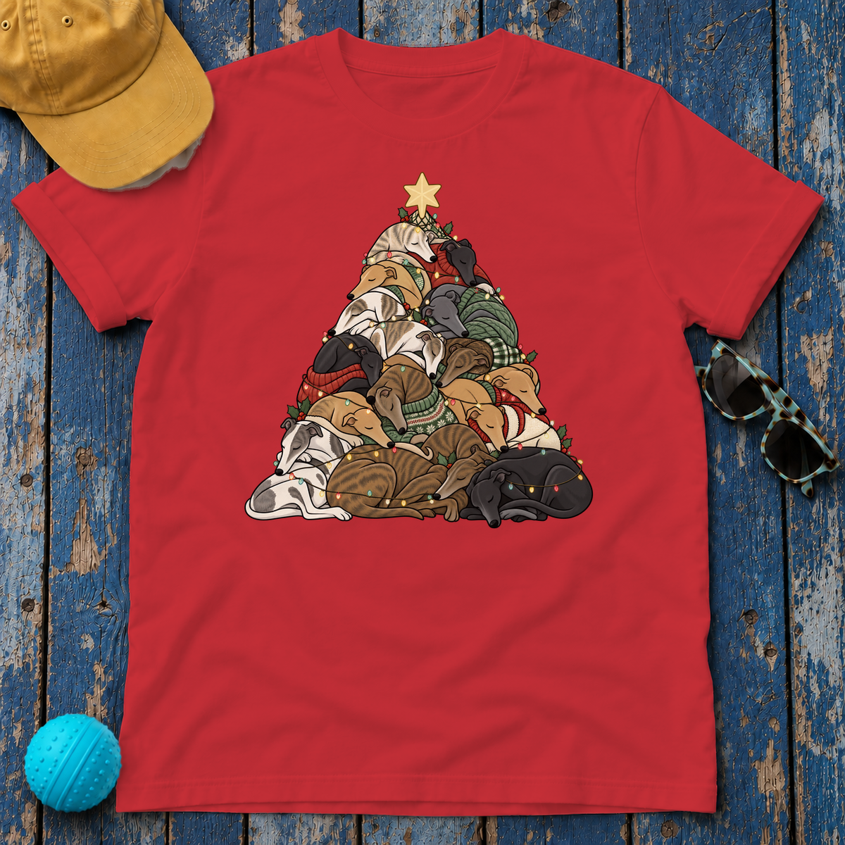 Greyhound Christmas Tree t-shirt in Red, flat lay
