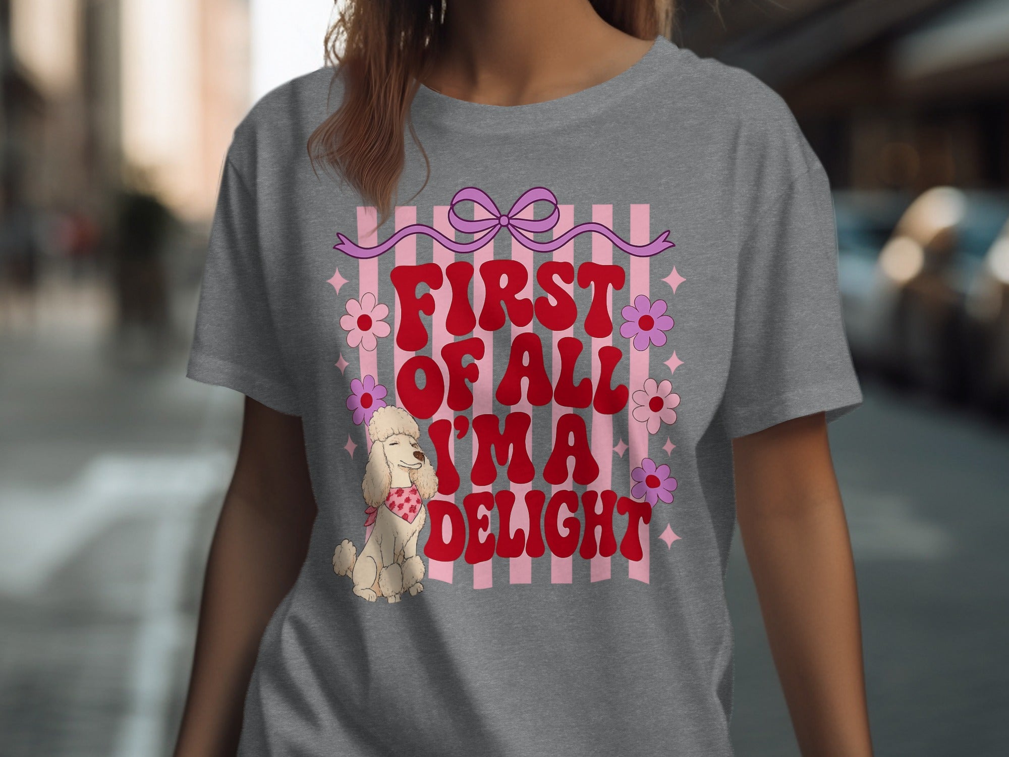 Gray t-shirt with pink ribbon, flowers, and text "First of all I'm a DELIGHT".
