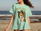 Sheltie dog peeking out of an open door, text "Personally Invested In Your Business".