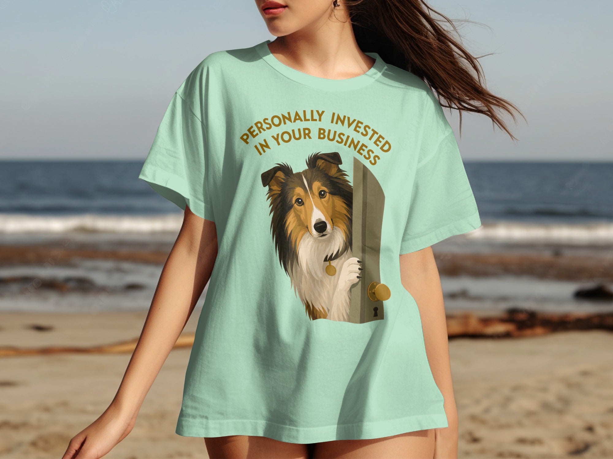 Sheltie dog peeking out of an open door, text "Personally Invested In Your Business".