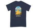 Navy t-shirt with illustration of a dog looking at the ocean, text "Paws And Reflect."