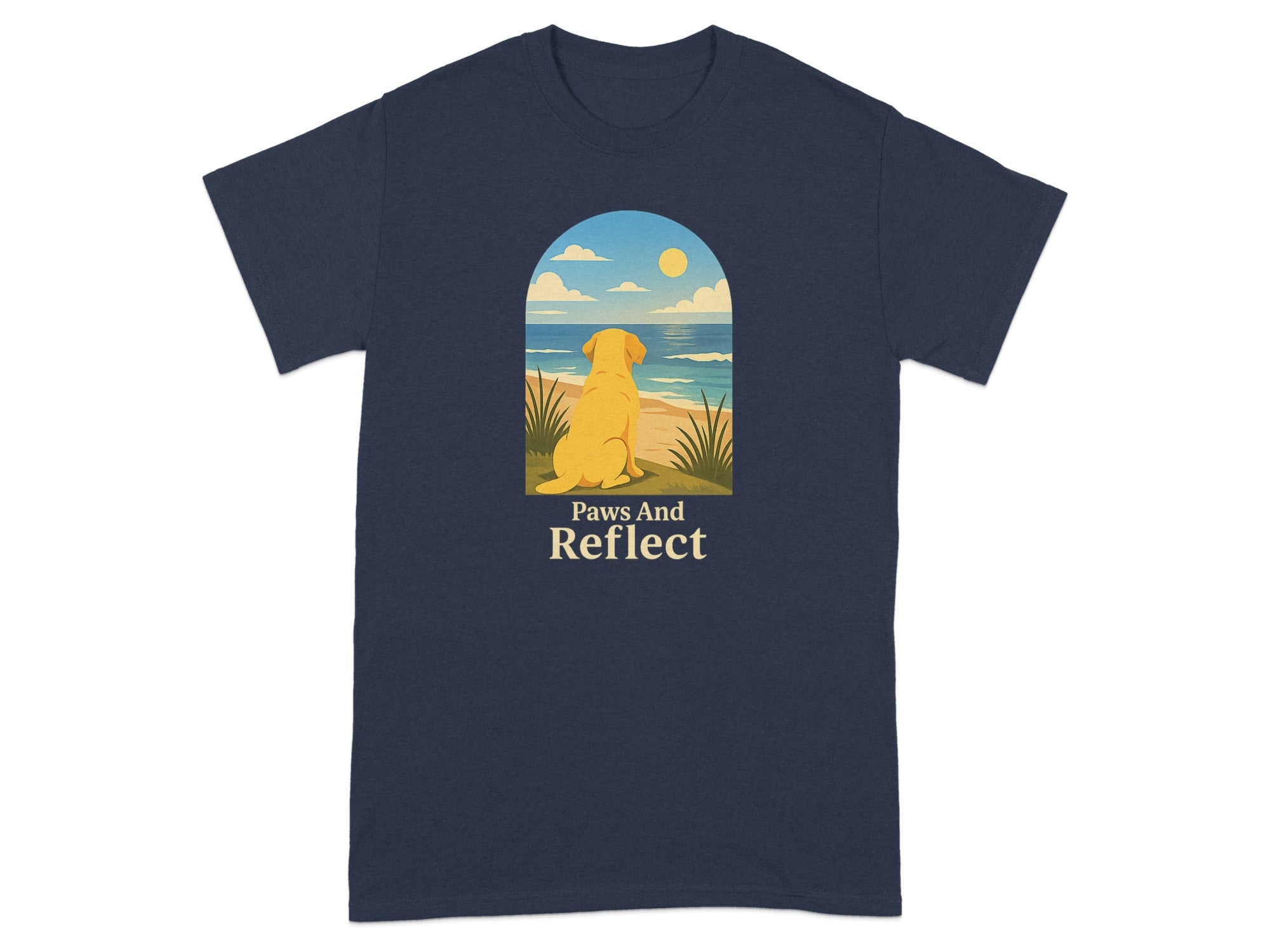Navy t-shirt with illustration of a dog looking at the ocean, text "Paws And Reflect."