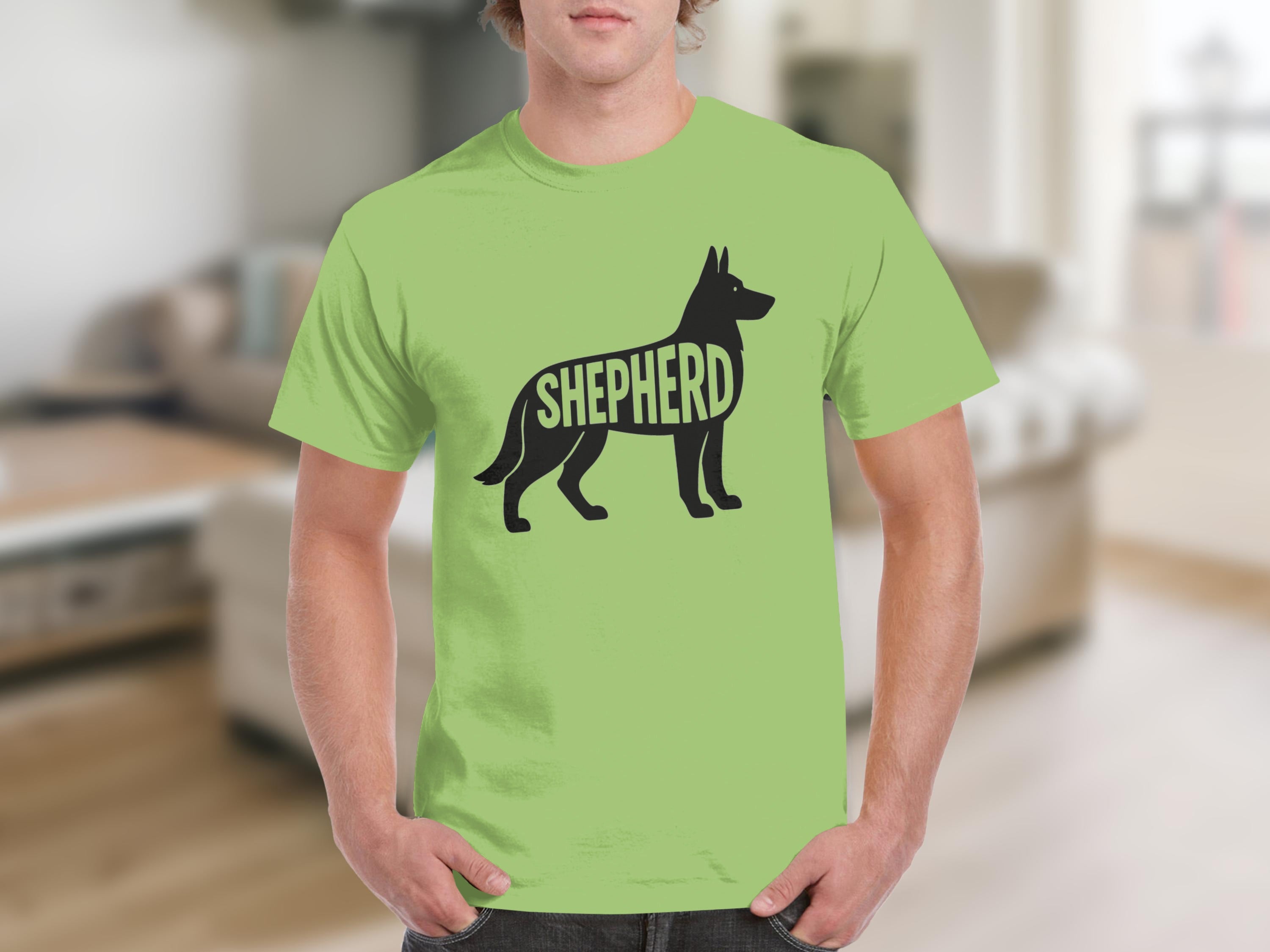 Green t-shirt with black German Shepherd silhouette filled with the word SHEPHERD.