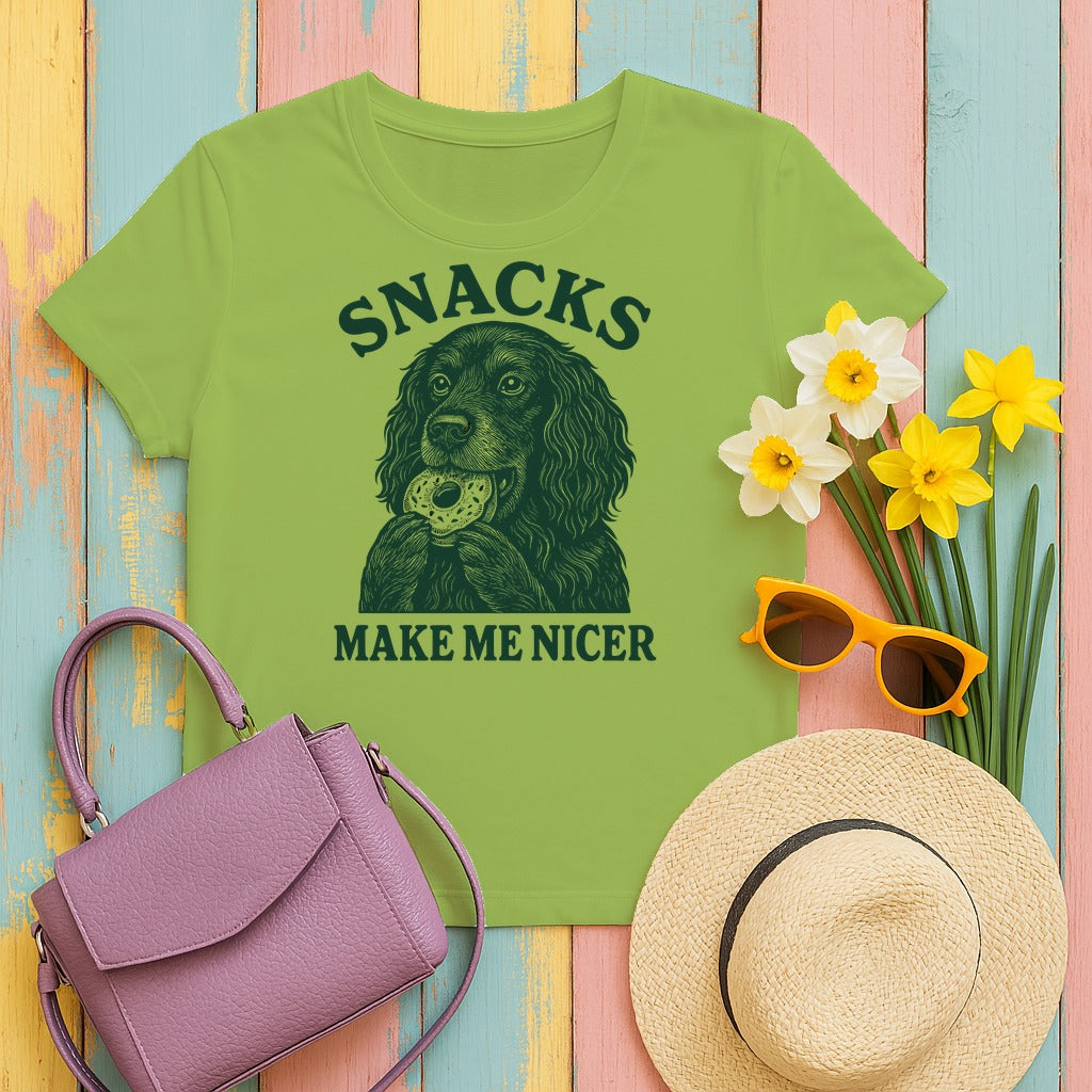Snacks Make Me Nicer Gordon Setter with Donut Funny Foodie T-Shirt in Kiwi