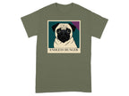Olive green t-shirt with a pug portrait graphic and text "ENDLESS HUNGER".
