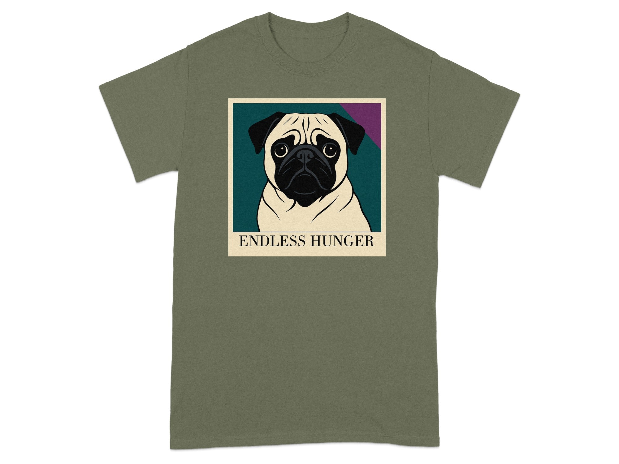 Olive green t-shirt with a pug portrait graphic and text "ENDLESS HUNGER".