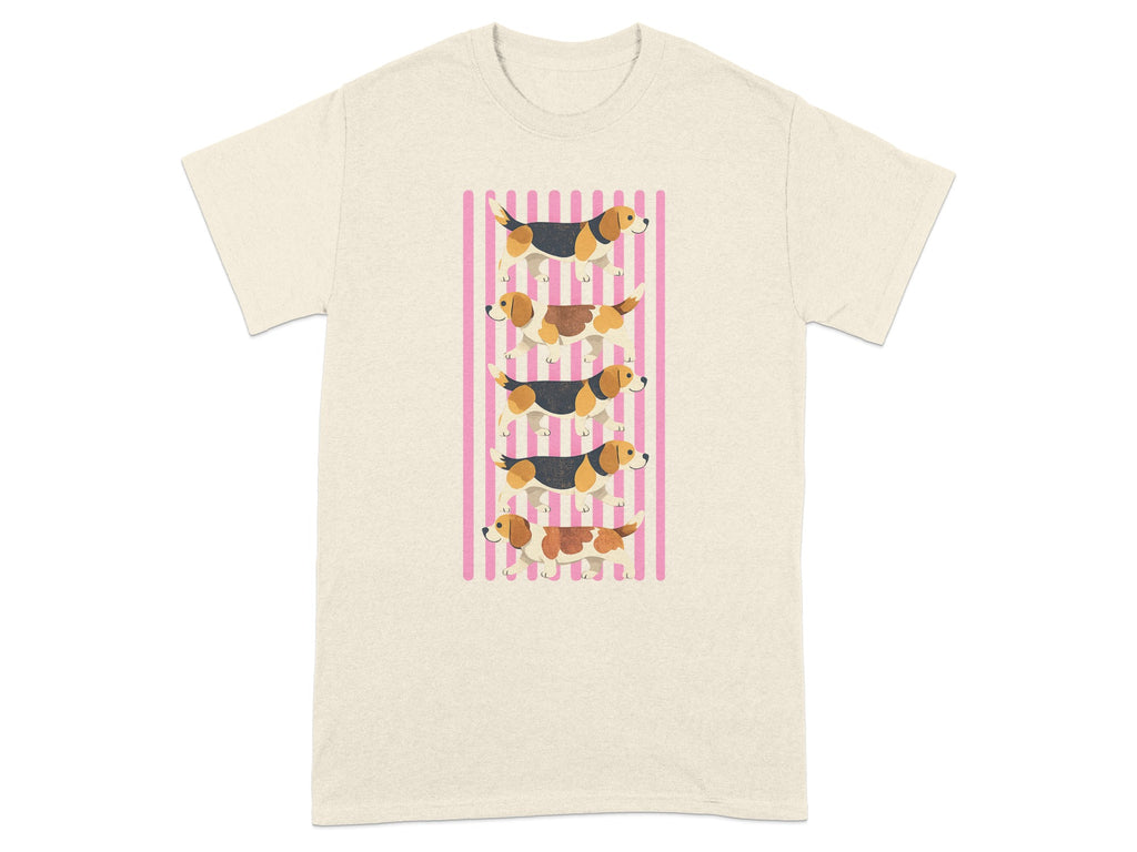 Beagles in a row against pink stripes graphic on a neutral t-shirt.