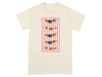 Beagles in a row against pink stripes graphic on a neutral t-shirt.