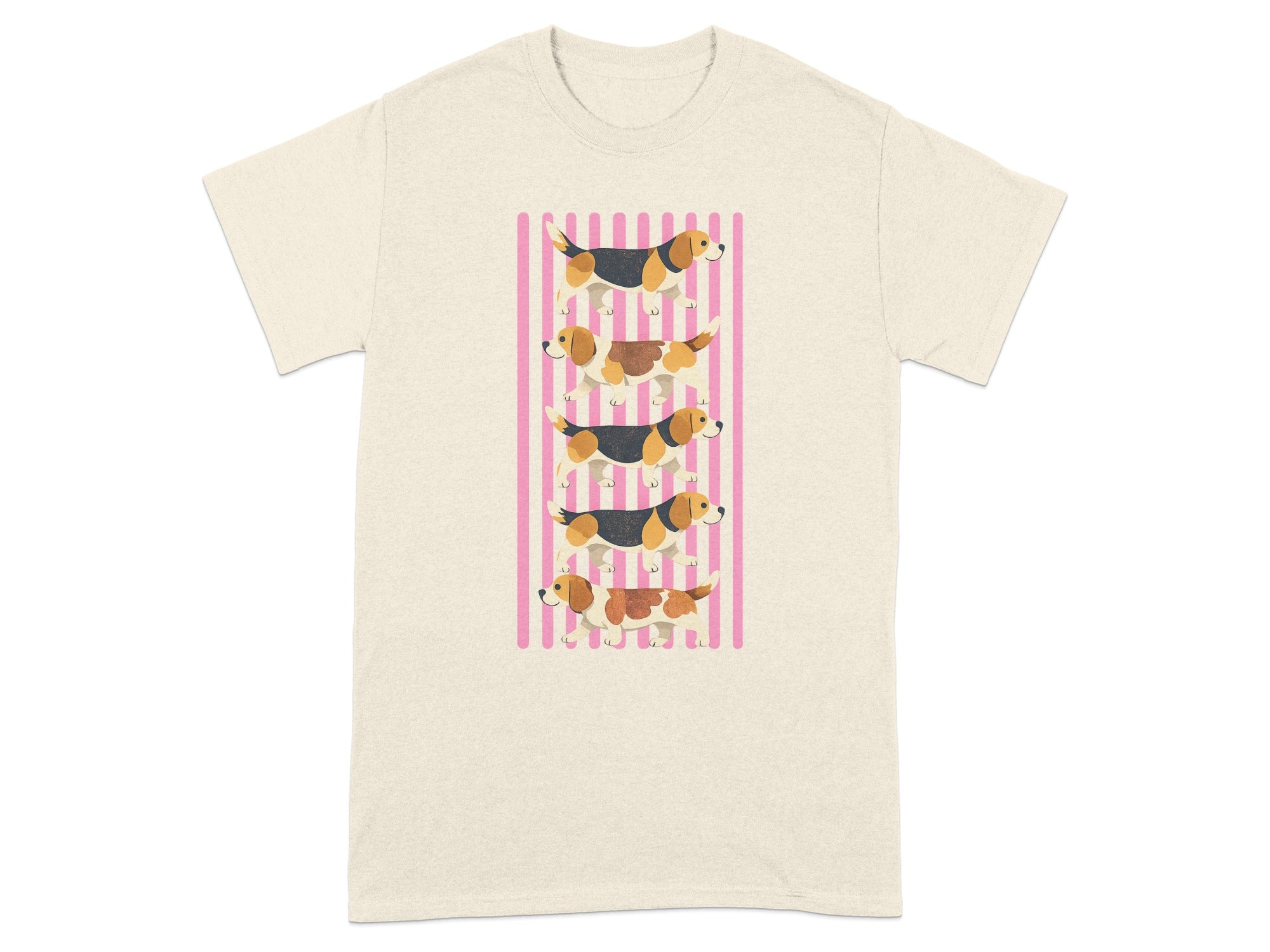 Beagles in a row against pink stripes graphic on a neutral t-shirt.