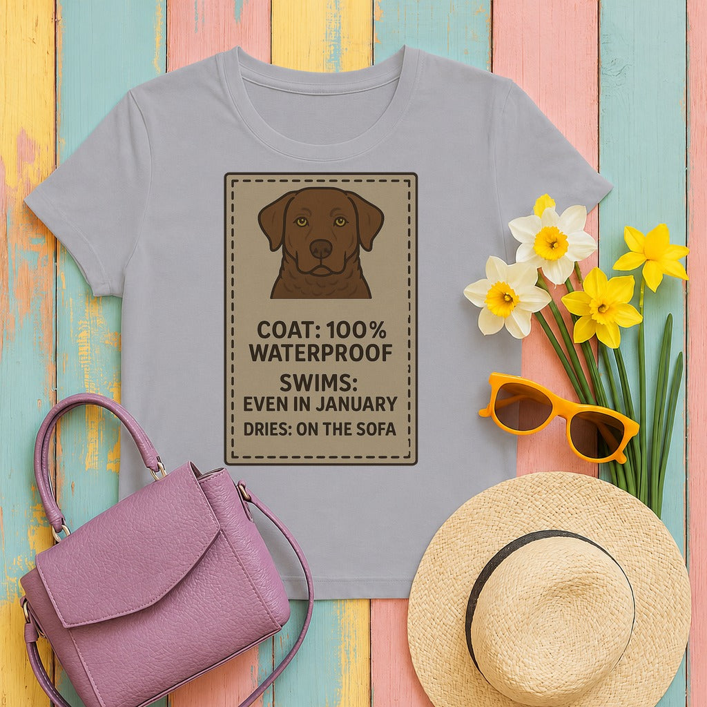 chesapeake bay retriever waterproof-label tee flat lay hero