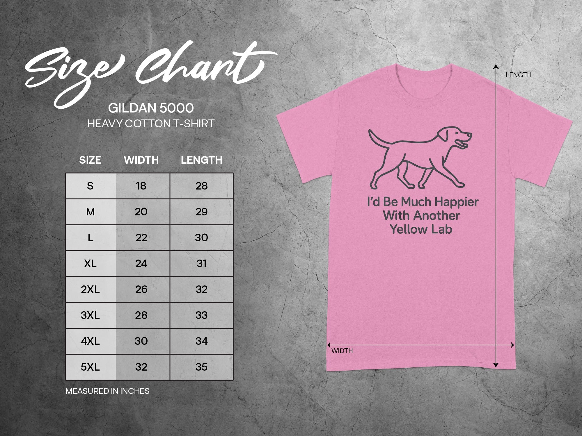 Gildan 5000 heavy cotton t-shirt size chart with pink t-shirt and yellow lab graphic.