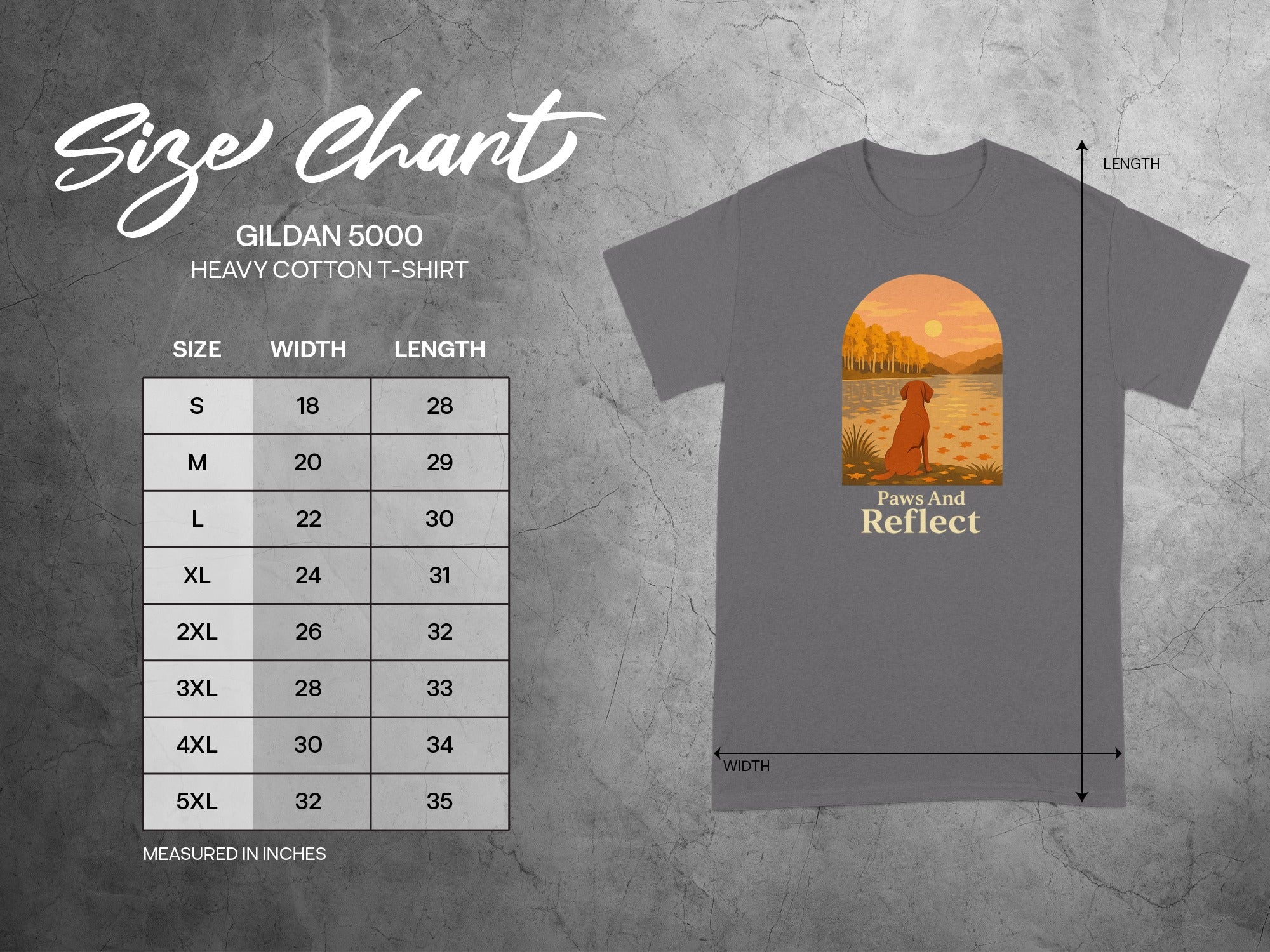 Gildan 5000 Heavy Cotton T-Shirt size chart with measurements for width and length.