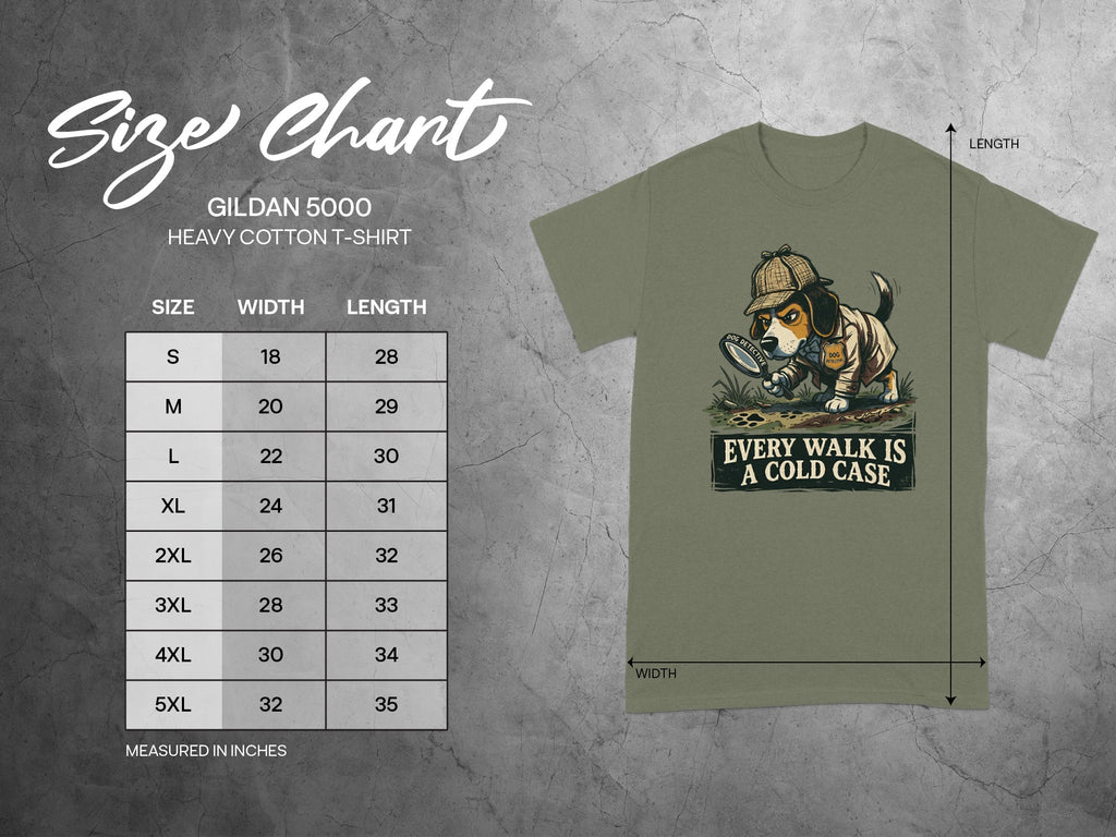 Gildan 5000 t-shirt size chart with dog detective graphic.