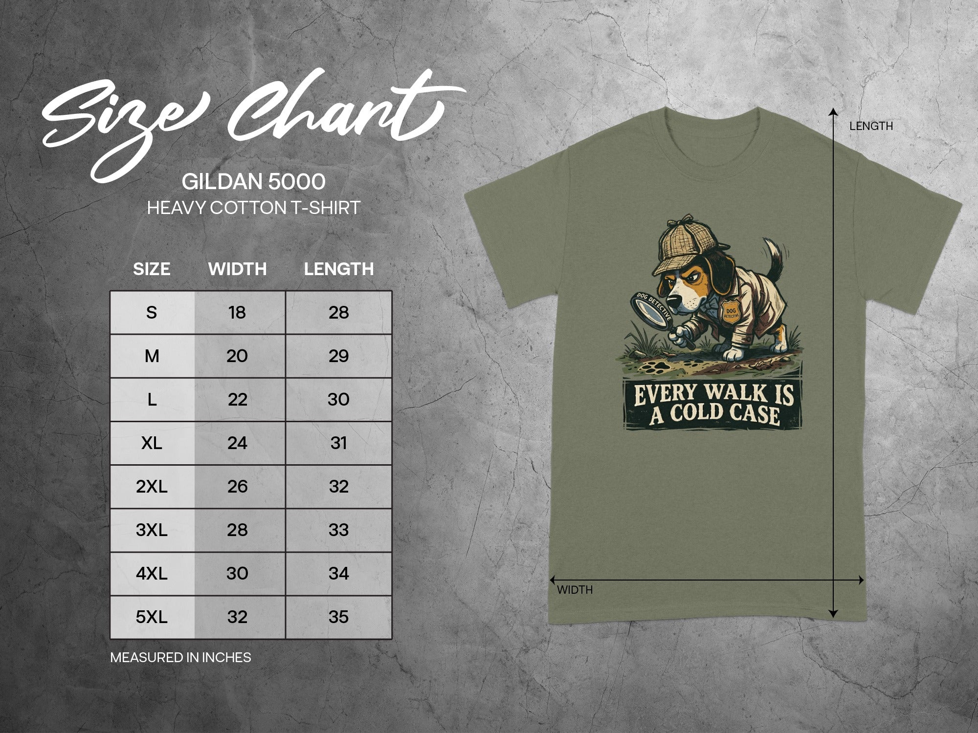 Gildan 5000 t-shirt size chart with dog detective graphic.