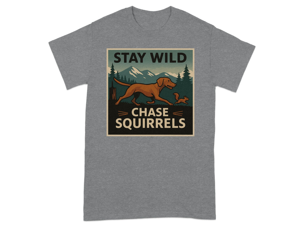 Grey t-shirt with a vintage nature graphic of a dog chasing a squirrel with text.
