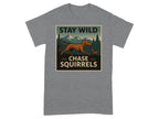 Grey t-shirt with a vintage nature graphic of a dog chasing a squirrel with text.