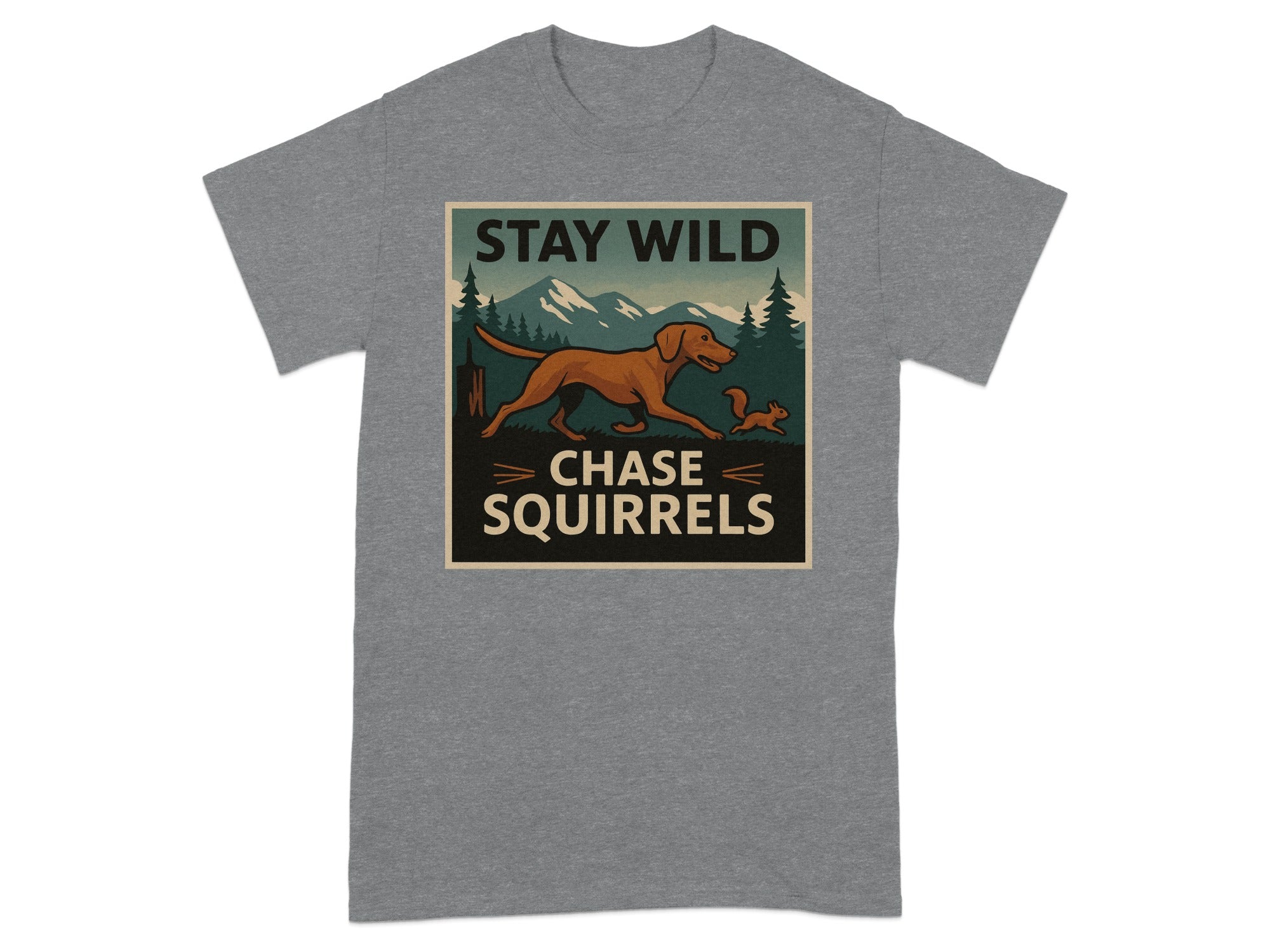 Grey t-shirt with a vintage nature graphic of a dog chasing a squirrel with text.