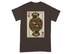 Brown t-shirt with queen of hearts playing card featuring two pugs.