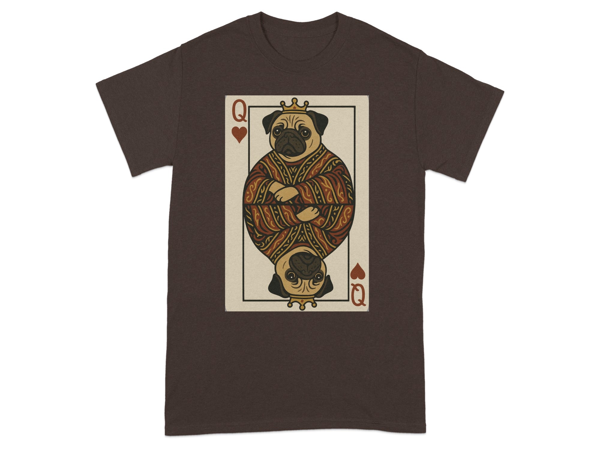 Brown t-shirt with queen of hearts playing card featuring two pugs.