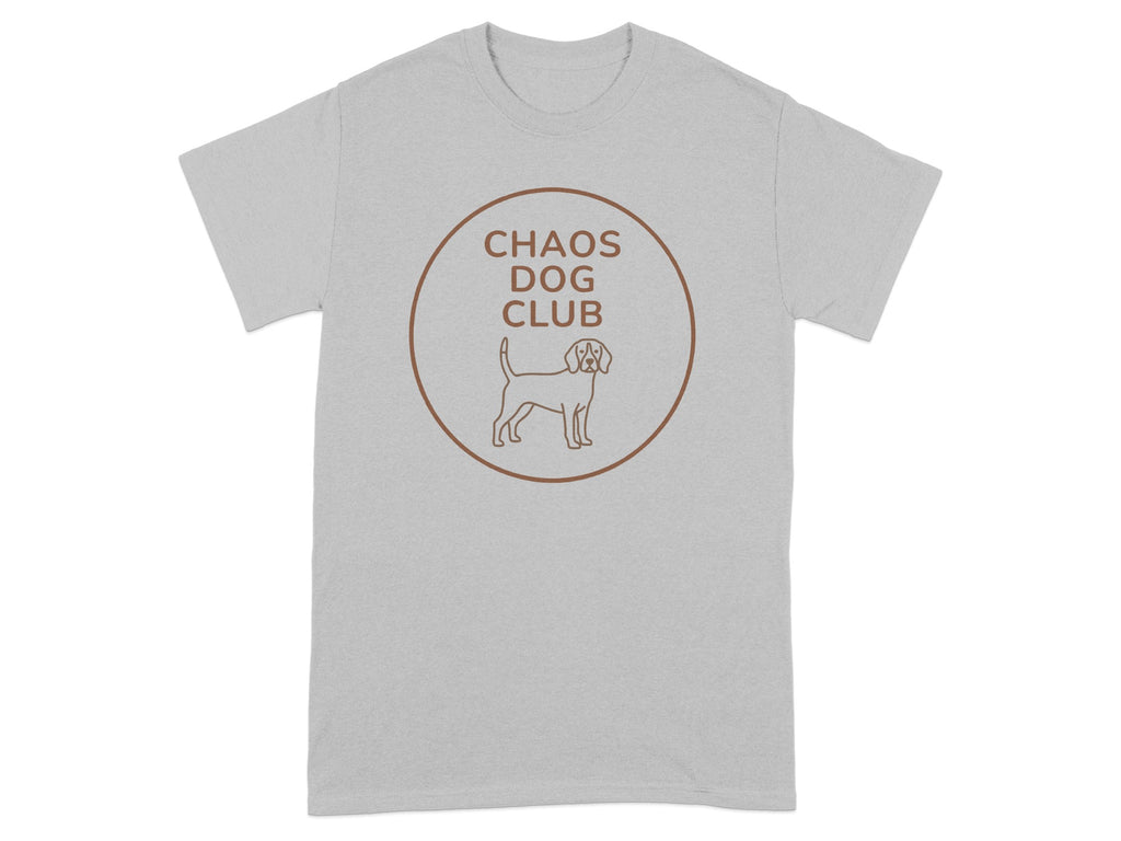 Grey t-shirt with a circular logo featuring a beagle and text "CHAOS DOG CLUB".
